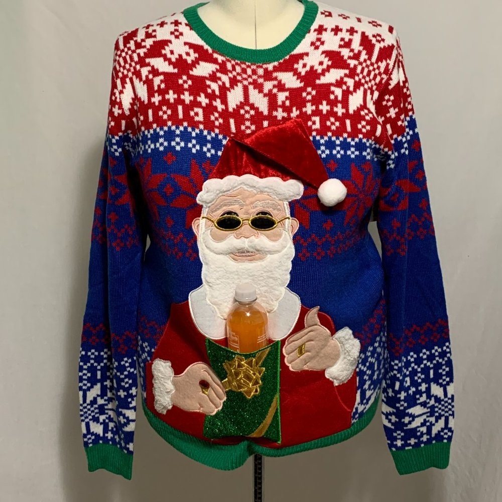 Ugly Christmas Sweater Santa Present Drink Beer Holder Snowflake Mens Womens L